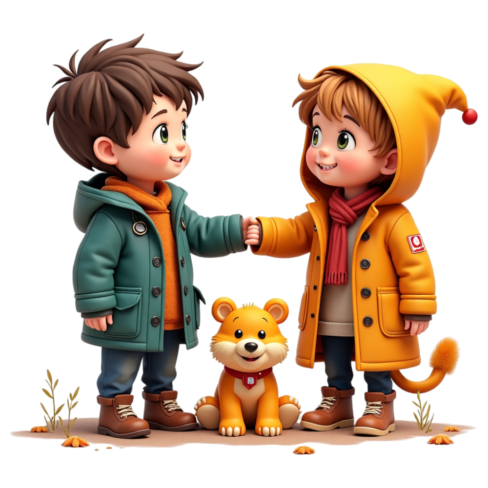 Smiling Boys Handshake with Happy Cartoon Cub, Childhood Friendship & Connection - Coats And Toys For Kids Day 4