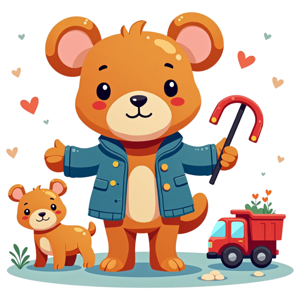 Whimsical Bear Character with Little Companion and Garden Truck Illustration - Coats And Toys For Kids Day 6