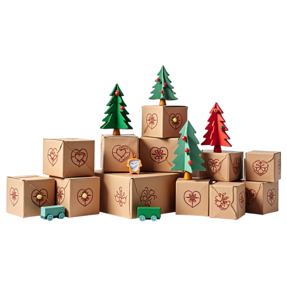 Festive Holiday Gift Boxes with Miniature Christmas Trees and Decorations - Coats And Toys For Kids Day 7