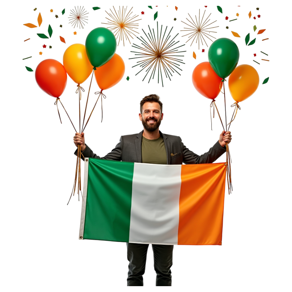 Man celebrating Ireland with national flag, colorful balloons and festive sparks - Constitution Of Ireland 1