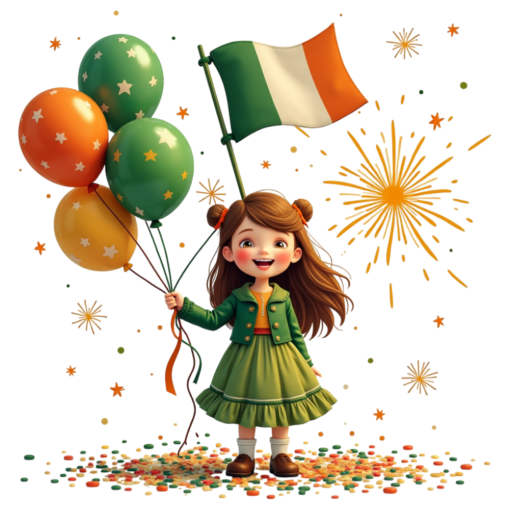 Cheerful Cartoon Girl with Irish Flag & Balloons - St. Patrick's Day Celebration - Constitution Of Ireland 14