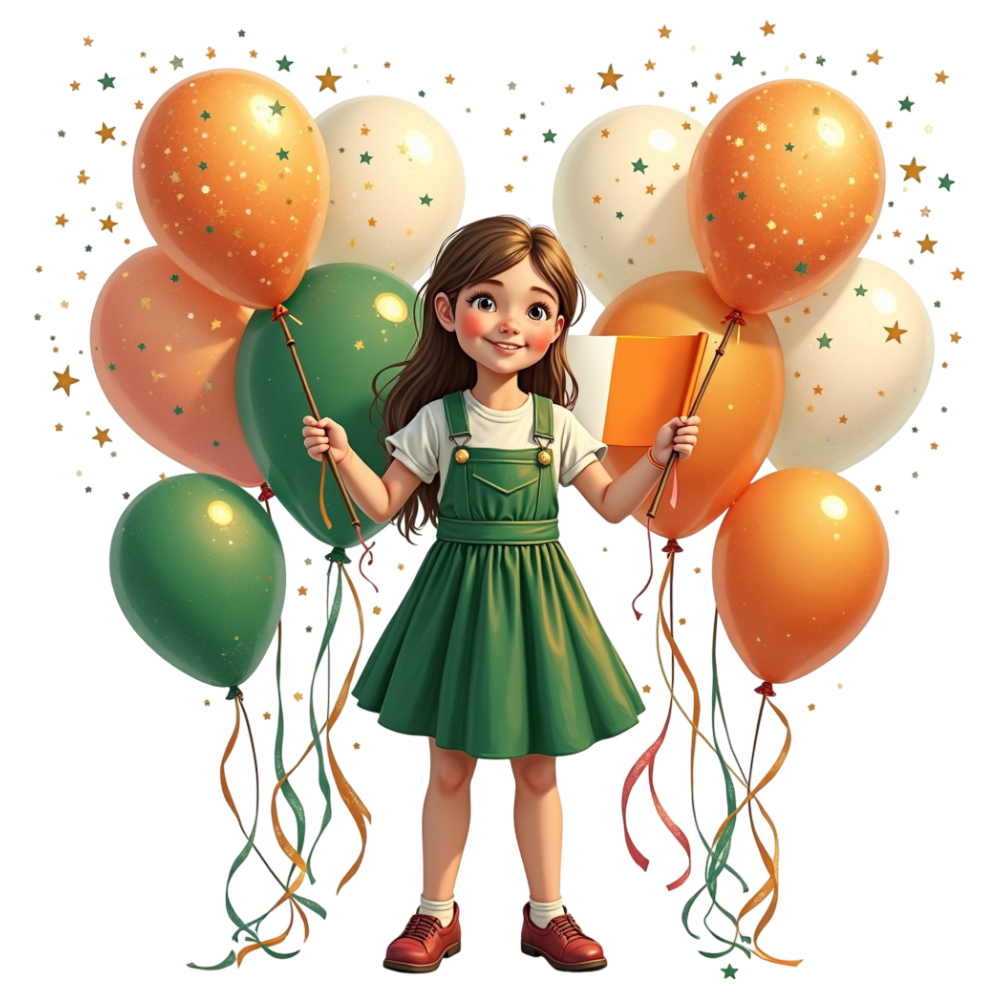 Festive Girl with Irish Flag, Green White Orange Balloons & Confetti - Constitution Of Ireland 21