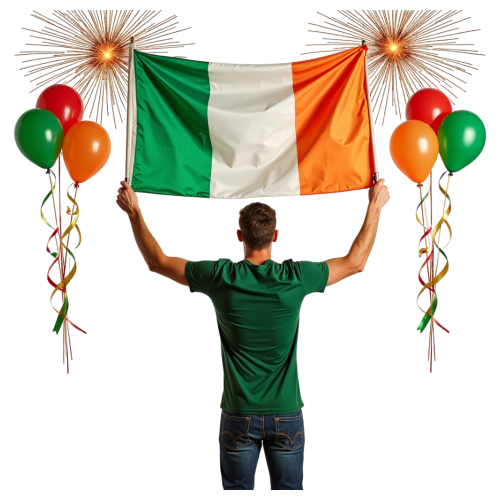 Man Cheering with Irish Flag, Balloons, and Fireworks - National Celebration - Constitution Of Ireland 24