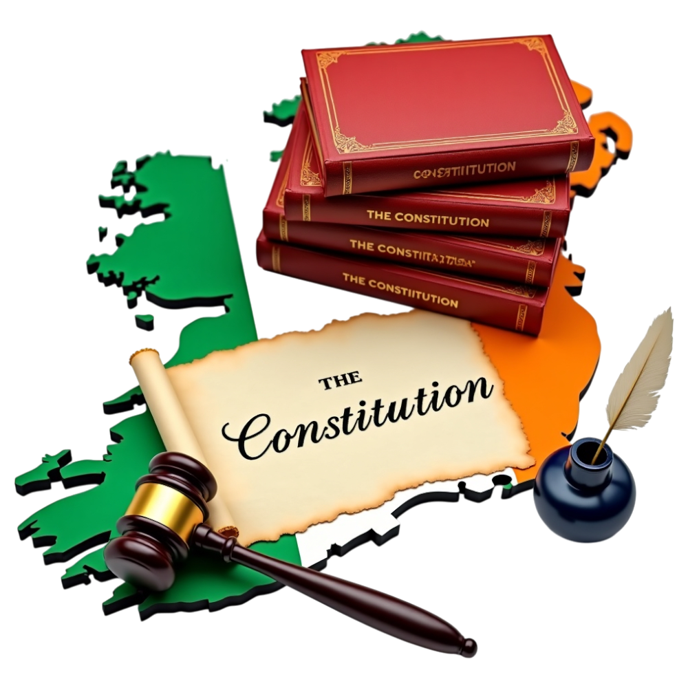 Irish Constitutional Law & Justice: Books, Gavel, Scroll, Quill on National Map - Constitution Of Ireland 25