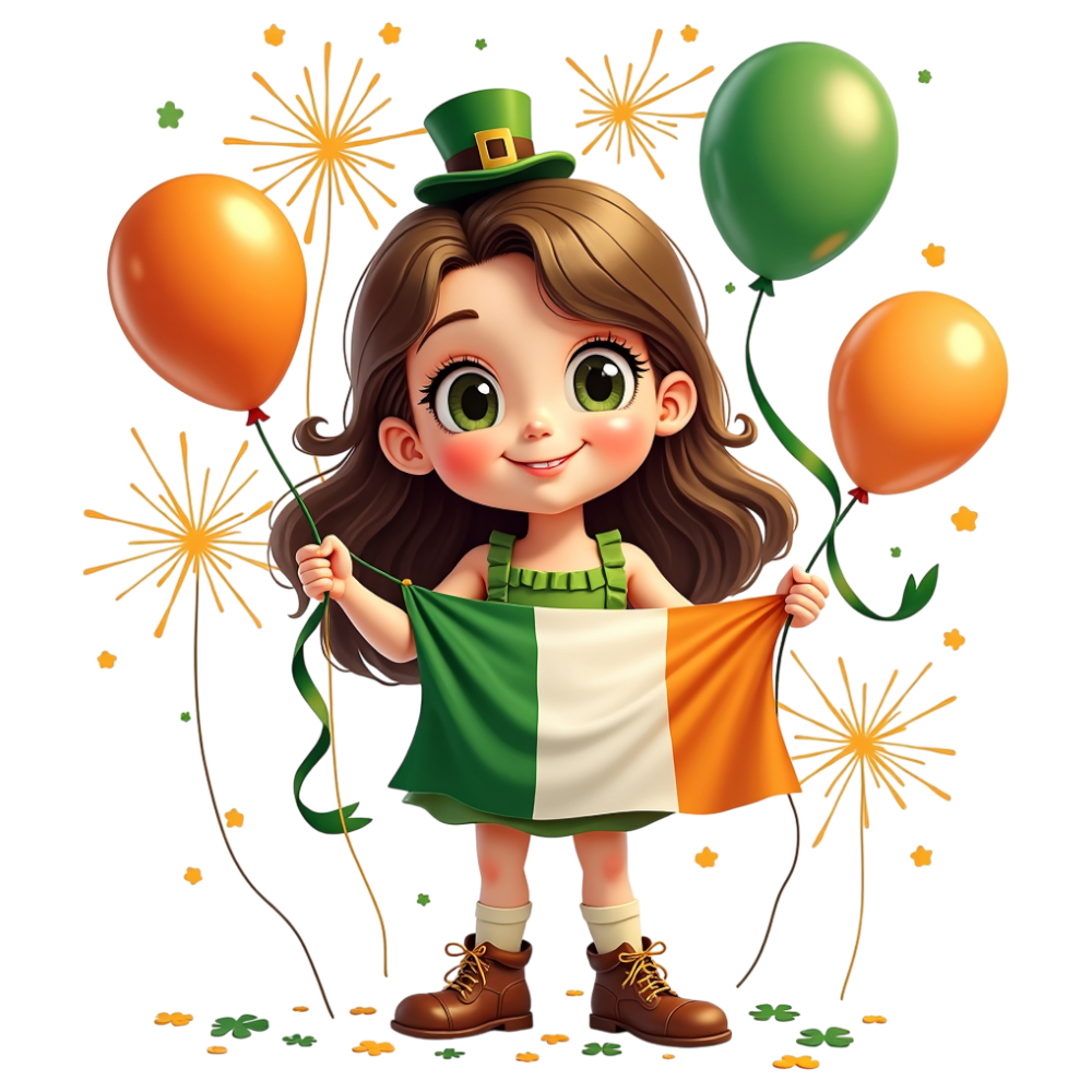 Cheerful Cartoon Girl Celebrating St. Patrick's Day with Irish Flag and Balloons - Constitution Of Ireland 26