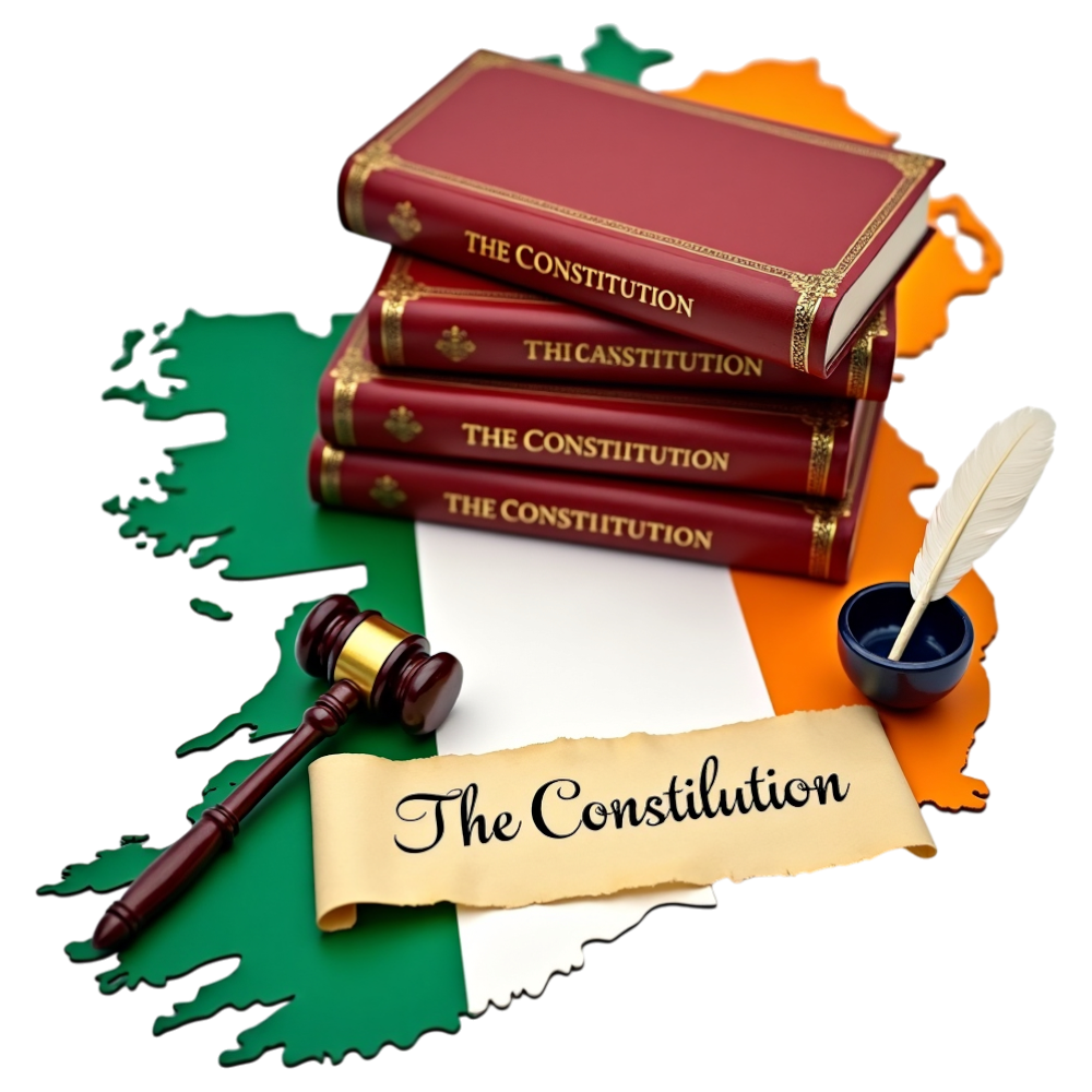 Irish Constitution & Justice: Gavel, Books, Quill on Ireland Map - Constitution Of Ireland 4