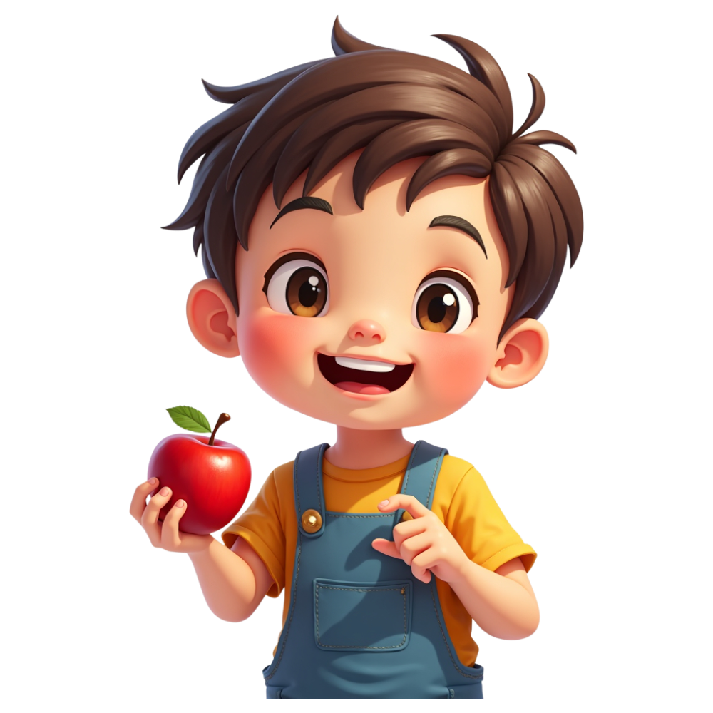 Cheerful cartoon child holding a fresh red apple, healthy food concept - Eat A Red Apple Day 19