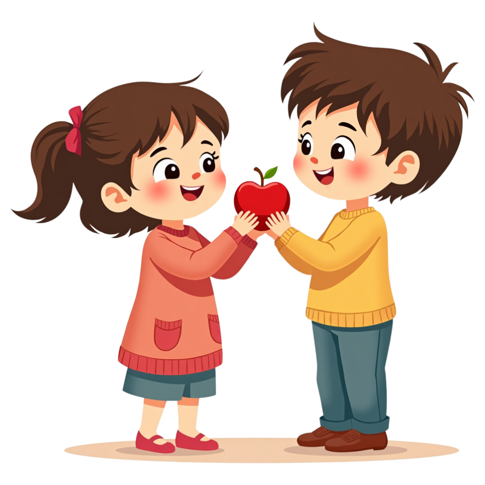 Childhood Friendship & Healthy Habits: Kids Sharing a Red Apple Illustration - Eat A Red Apple Day 36