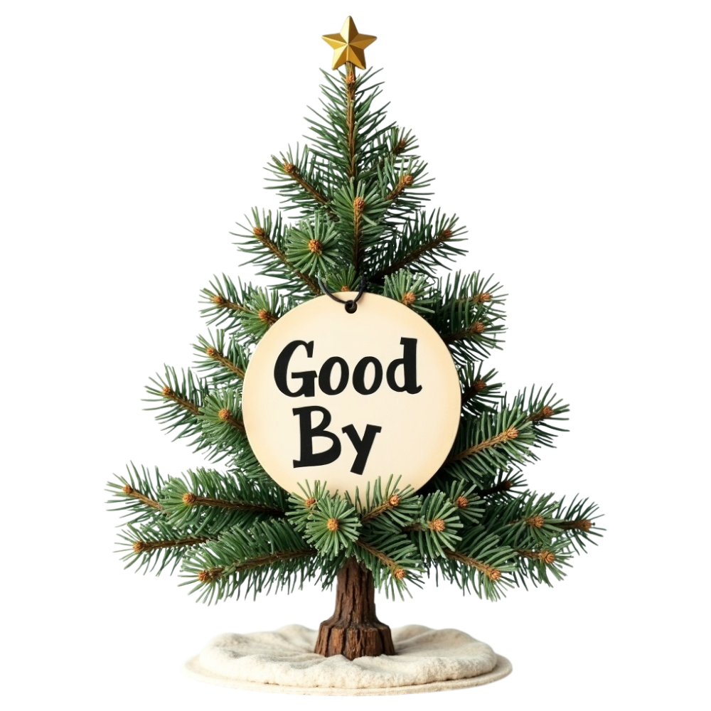 Small Decorated Christmas Tree with 'Good By' Sign. Holiday Farewell Message. - Falling Needles Family Fest Day 12