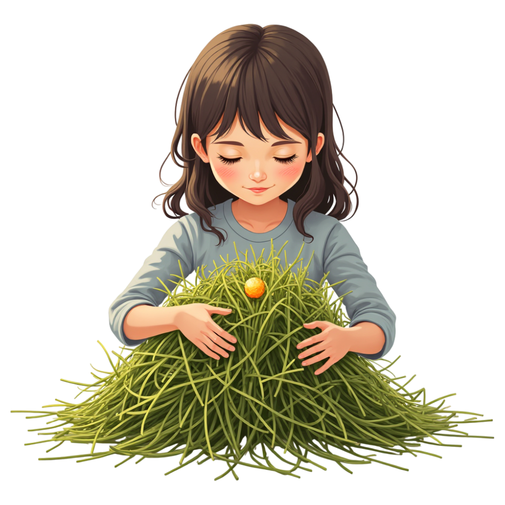 Young Girl Gently Embracing Green Grass Pile with Golden Object - Falling Needles Family Fest Day 15