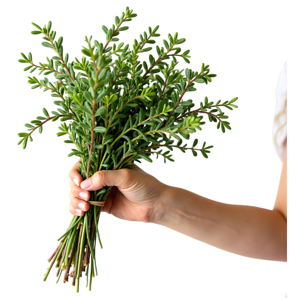 Fresh Thyme Sprigs Held by Hand, Culinary Aromatic Ingredient - Falling Needles Family Fest Day 18
