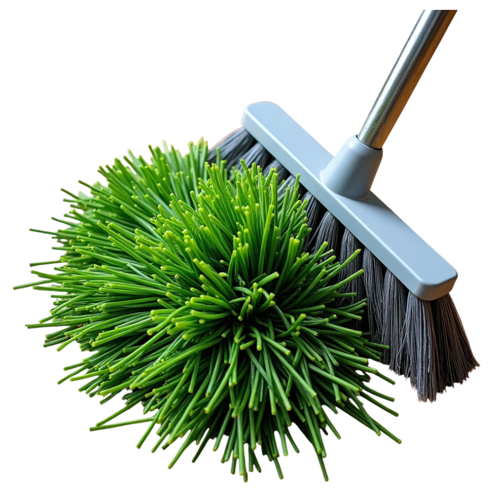 Cleaning Broom Sweeping Green Artificial Grass Ball on Dark Background - Falling Needles Family Fest Day 30