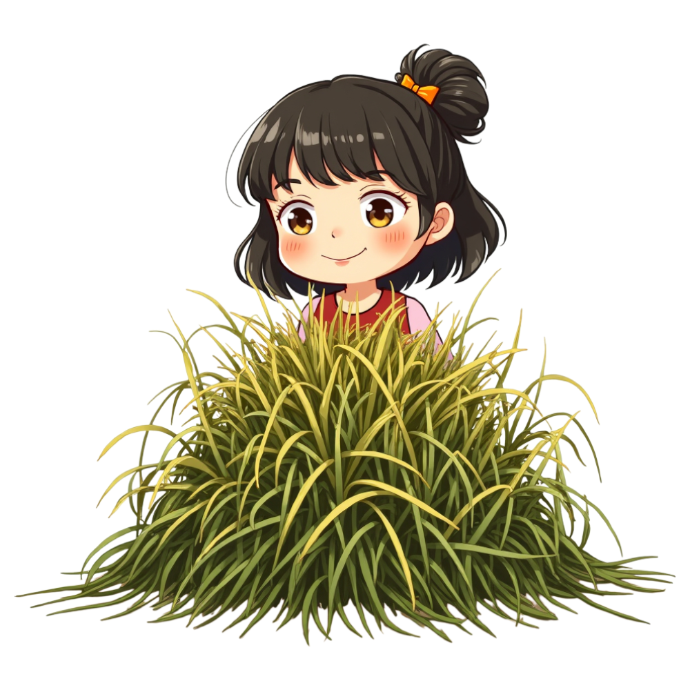 Young Anime Girl Character Peeking from Green Grass Bush with Cheerful Smile - Falling Needles Family Fest Day 34