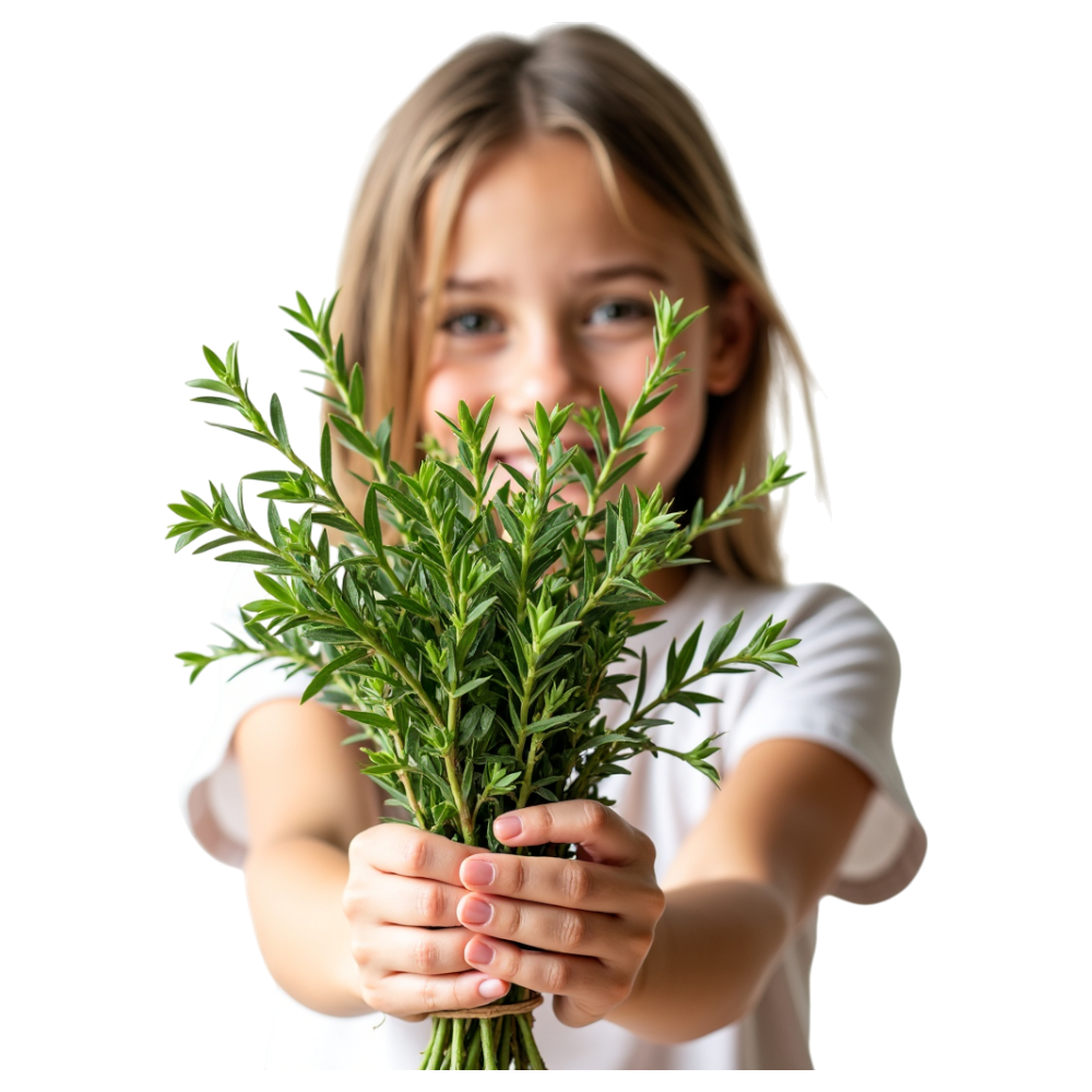 Happy Child Holding Fresh Green Herbs. Young Girl Smiling with Natural Organic Plant Bundle. Wholesome Youth & Nature. - Falling Needles Family Fest Day 37