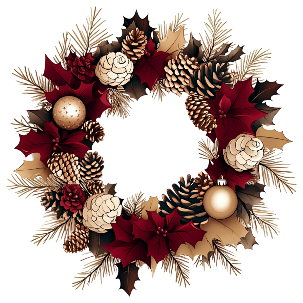 Festive Christmas Wreath with Golden Pinecones, Rich Red Holly Leaves, and Elegant Ornaments - Falling Needles Family Fest Day 41