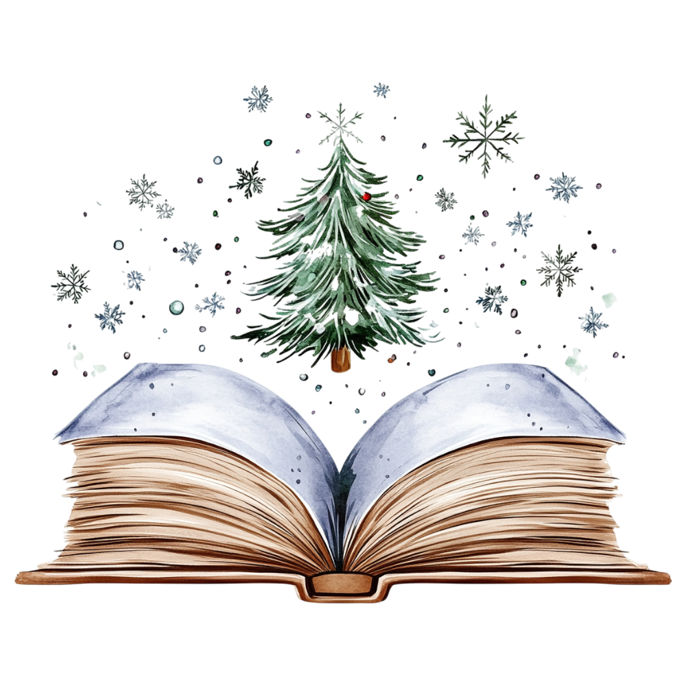 Watercolor Christmas Tree and Snowflakes Emerging from an Open Book. Festive Holiday Reading Illustration. - Falling Needles Family Fest Day 47