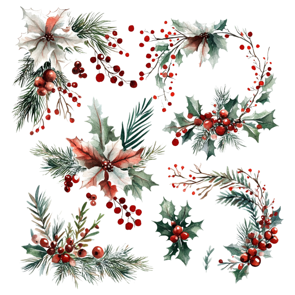Watercolor Christmas Botanicals: Poinsettia, Holly, Berries & Evergreen Wreaths. Festive Winter Illustration Set. - Falling Needles Family Fest Day 48