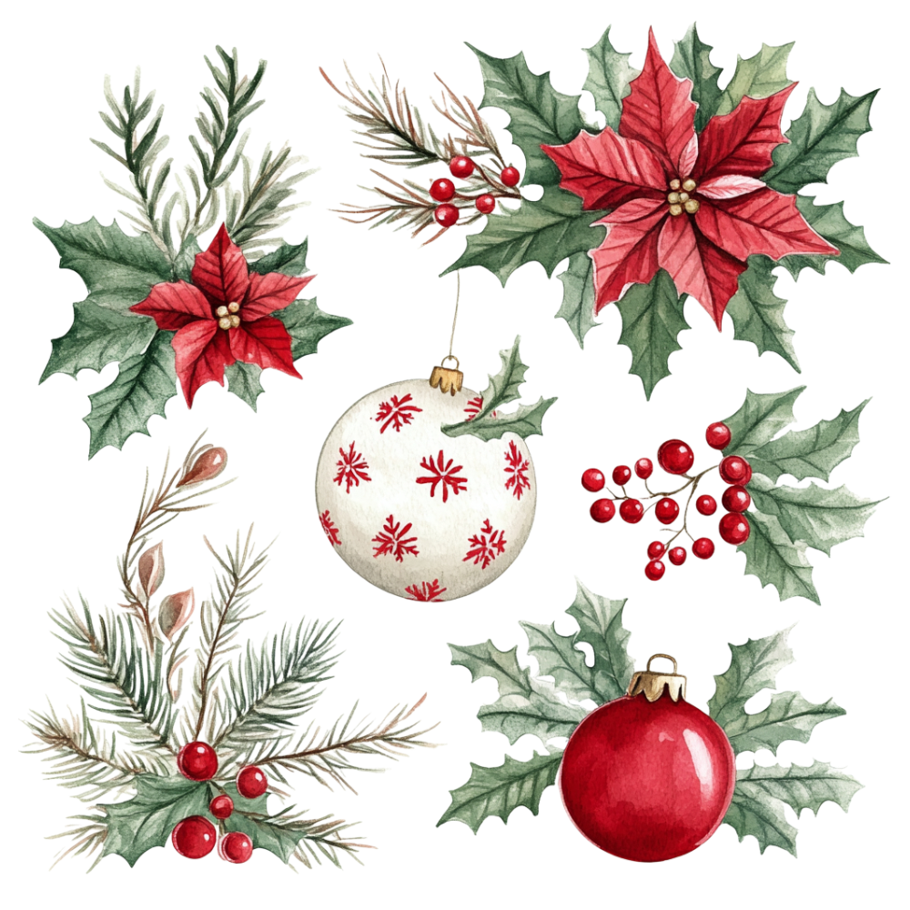 Watercolor Christmas Festive Elements Set. Poinsettia, Holly, Pine, Winter Berries, Ornaments. - Falling Needles Family Fest Day 49