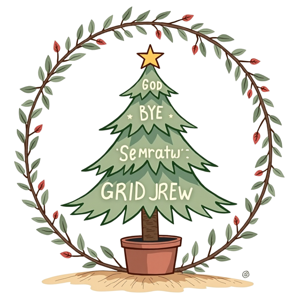 Festive Potted Christmas Tree Illustration with Golden Star and Berry Wreath – Holiday Season Decoration - Falling Needles Family Fest Day 8