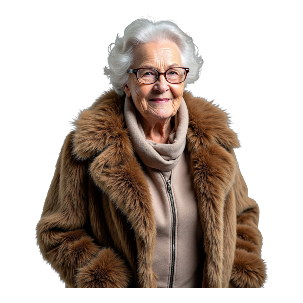 Senior Woman in Elegant Fur Coat Smiling on Black Background - Faux Fur Friday 10