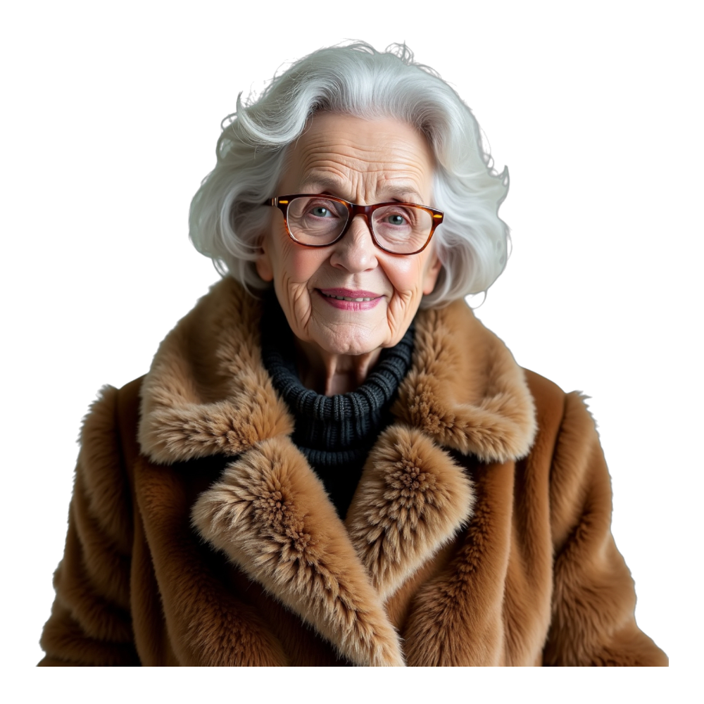 Elegant Senior Woman Smiling in Faux Fur Coat and Glasses on Black Background - Faux Fur Friday 11