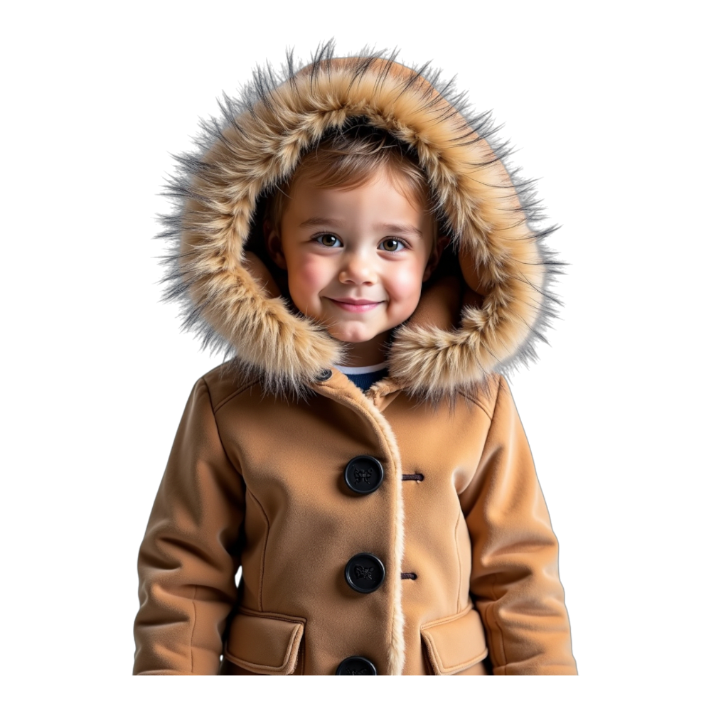 Smiling Child in Warm Winter Coat with Fur Hood. Happy Youngster Wearing Cozy Outerwear on Black Background. - Faux Fur Friday 14