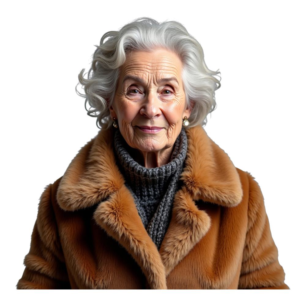 Elegant Senior Woman Portrait in Faux Fur Coat with Grey Hair and Gentle Smile - Faux Fur Friday 16