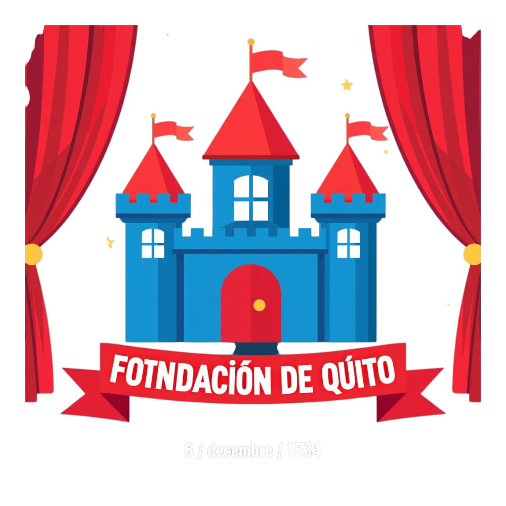 Blue Castle with Red Curtains & 'FOTNDACIÓN DE QUITO' Banner, 1534 Founding Celebration Illustration - Foundation Of Quito Day 1