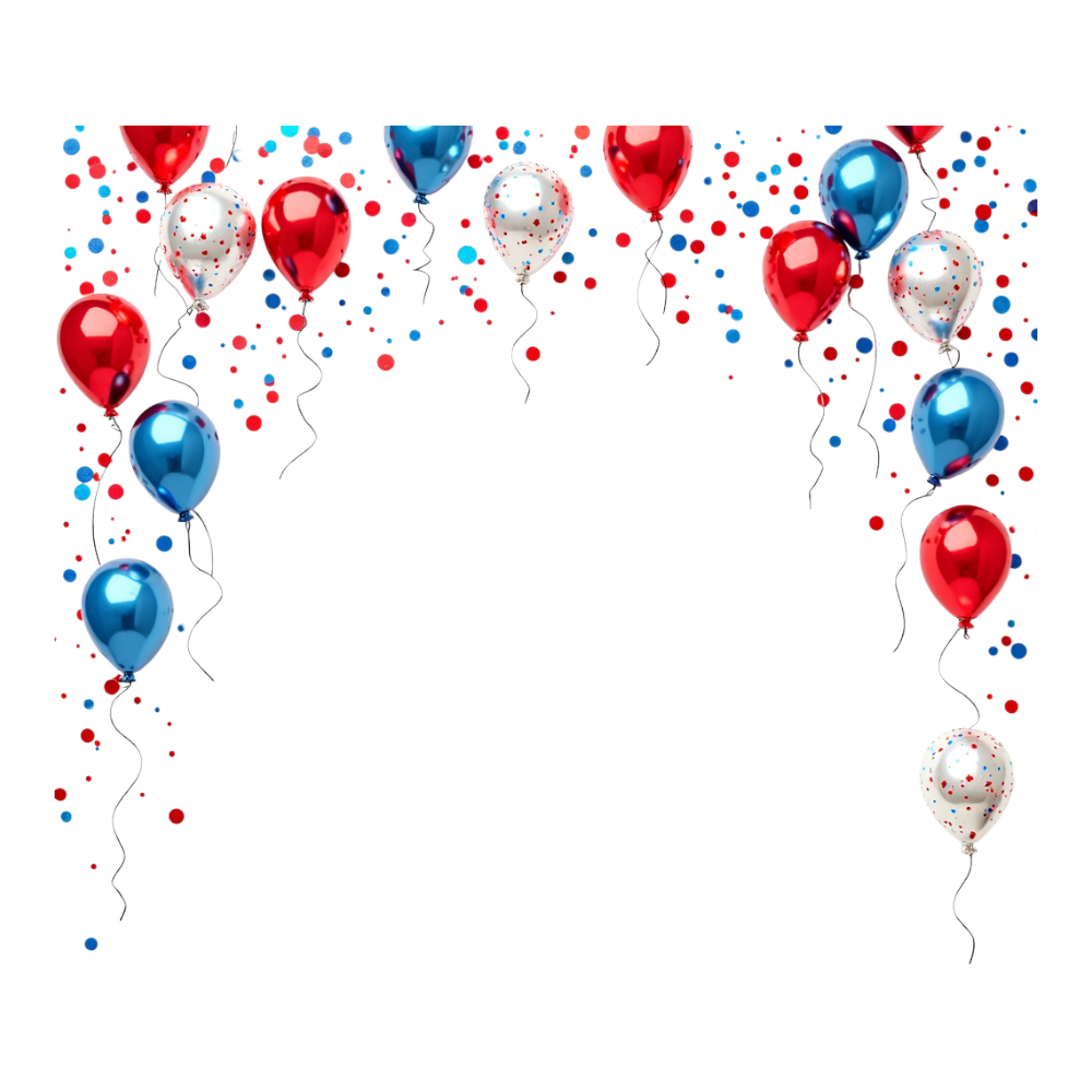 Red, Blue, White Party Balloons and Confetti Arch on Black - Foundation Of Quito Day 9