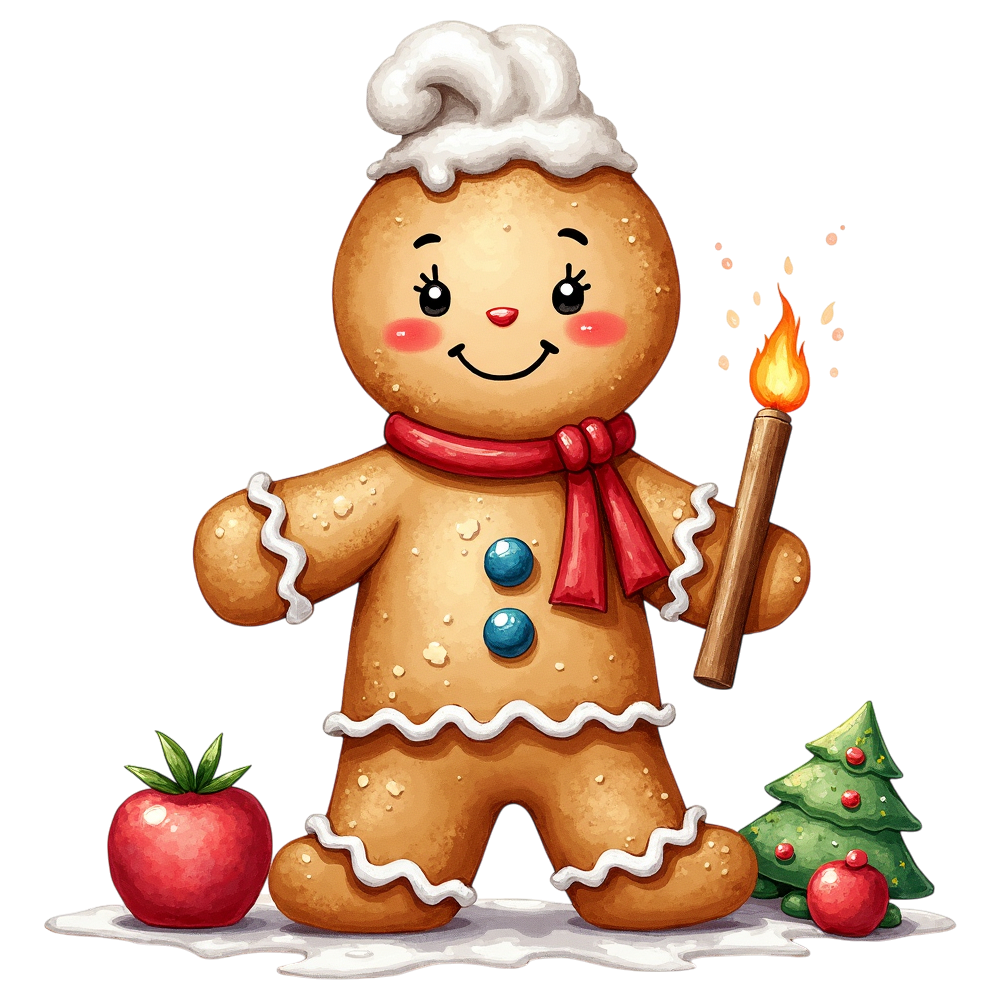 Festive Gingerbread Man character with torch, apple, and Christmas tree on a wintry base illustration. - Gingerbread Decorating Day 18