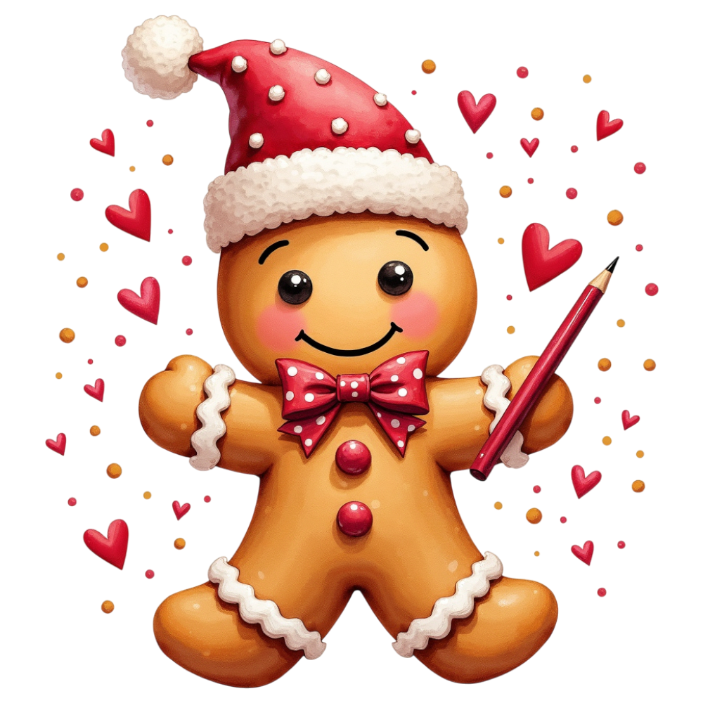 Cheerful Gingerbread Man with Santa Hat and Pencil, Surrounded by Festive Hearts - Gingerbread Decorating Day 22