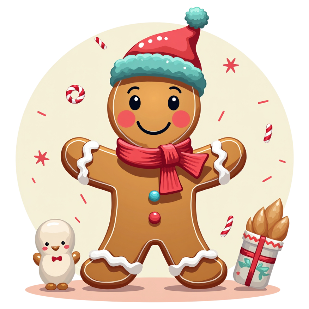 Cheerful Gingerbread Man with Santa Hat & Scarf, Penguin, Holiday Candies & Gift - Gingerbread Decorating Day 3