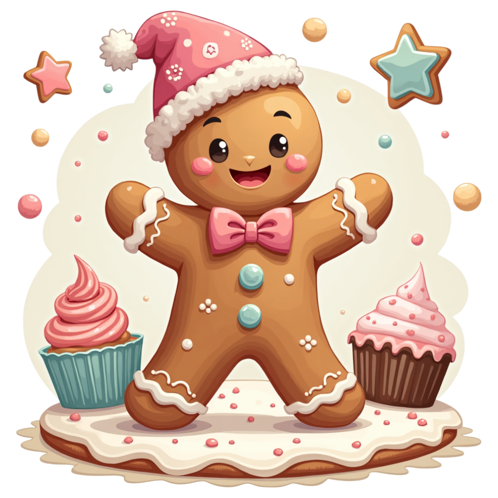 Festive Gingerbread Man Character in Santa Hat, Surrounded by Sweet Cupcakes & Cookies - Gingerbread Decorating Day 4