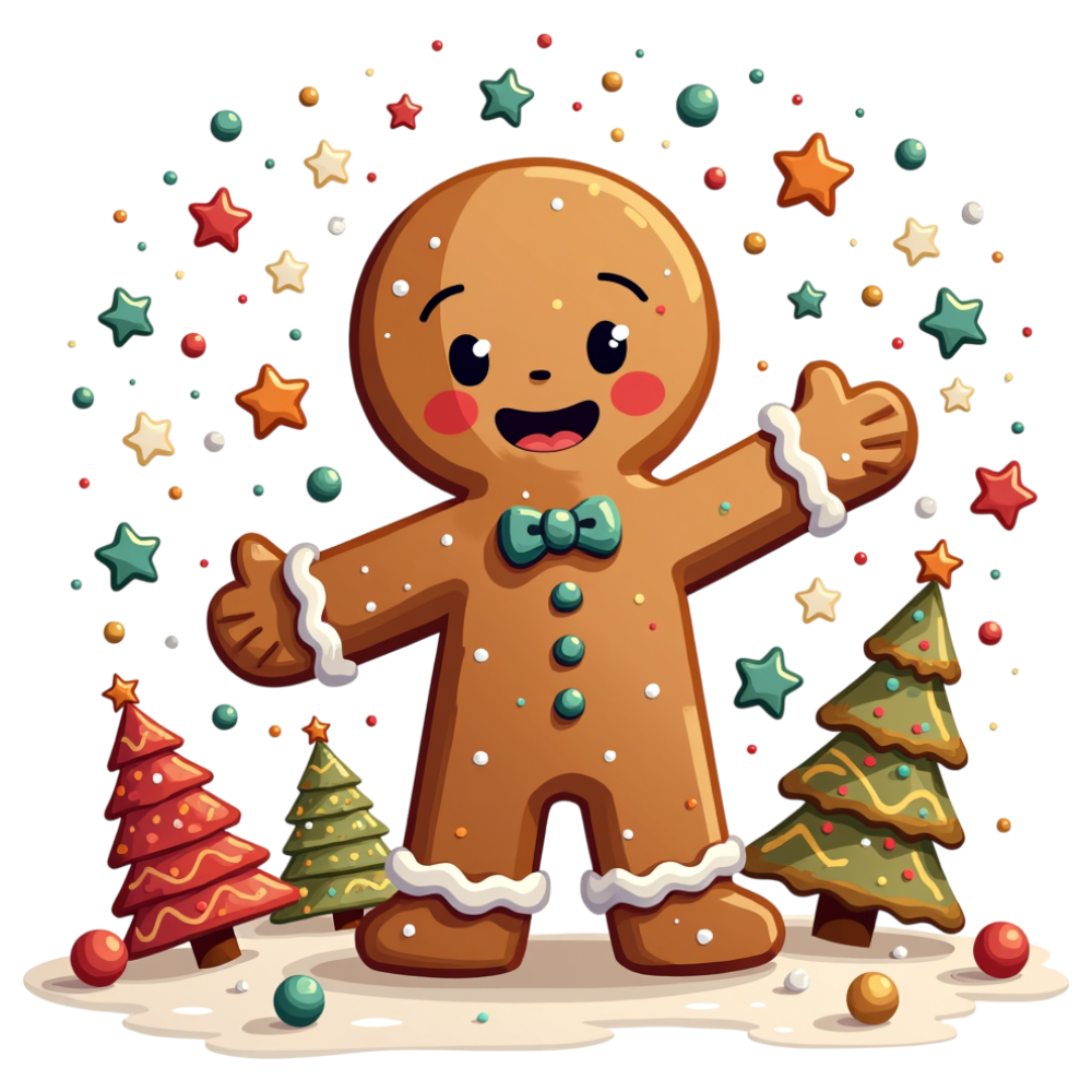 Cheerful Gingerbread Man Surrounded by Christmas Trees and Festive Decorations - Gingerbread Decorating Day 5