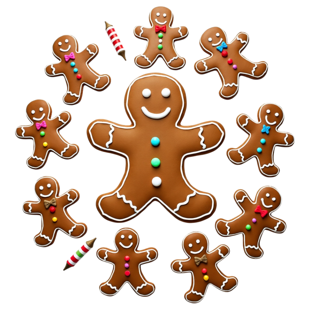 Festive Gingerbread Cookies Arrangement with Celebratory Crackers on Dark Surface - Gingerbread Decorating Day 7