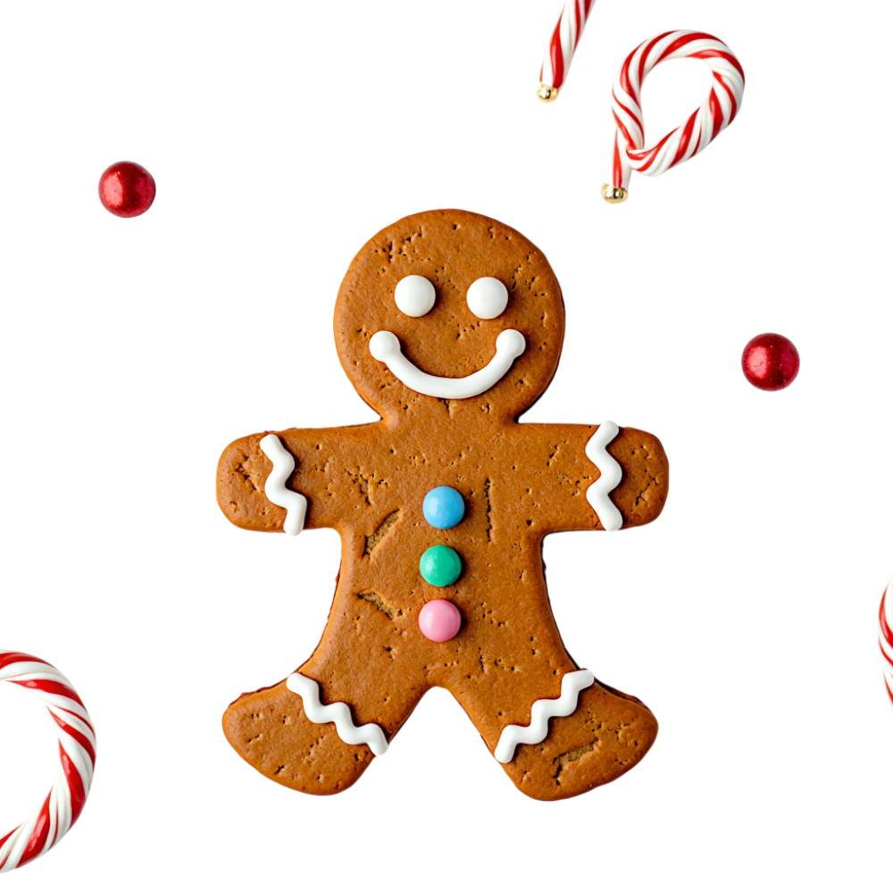 Smiling Gingerbread Man Cookie with Candy Canes and Holiday Candies on Black - Gingerbread Decorating Day 8