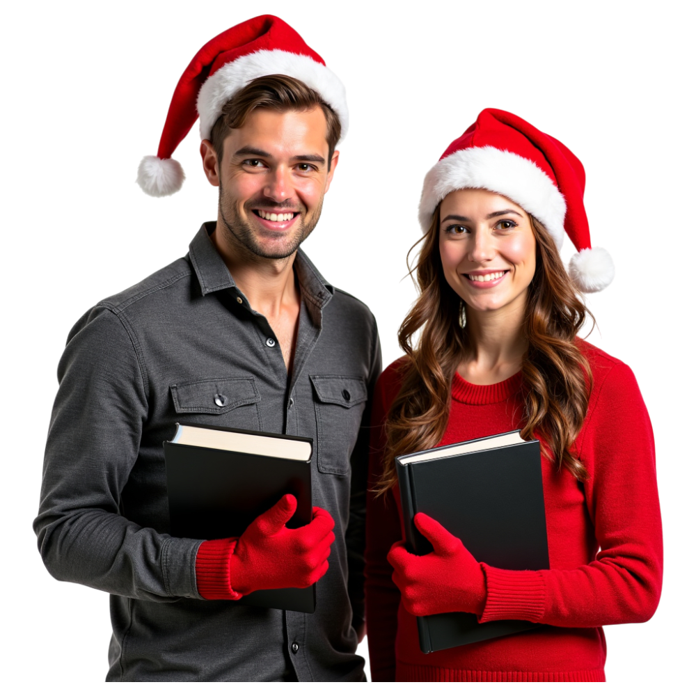 Festive Couple in Santa Hats Holding Books, Ready for Holiday Learning & Gifting - Go Caroling Day 1
