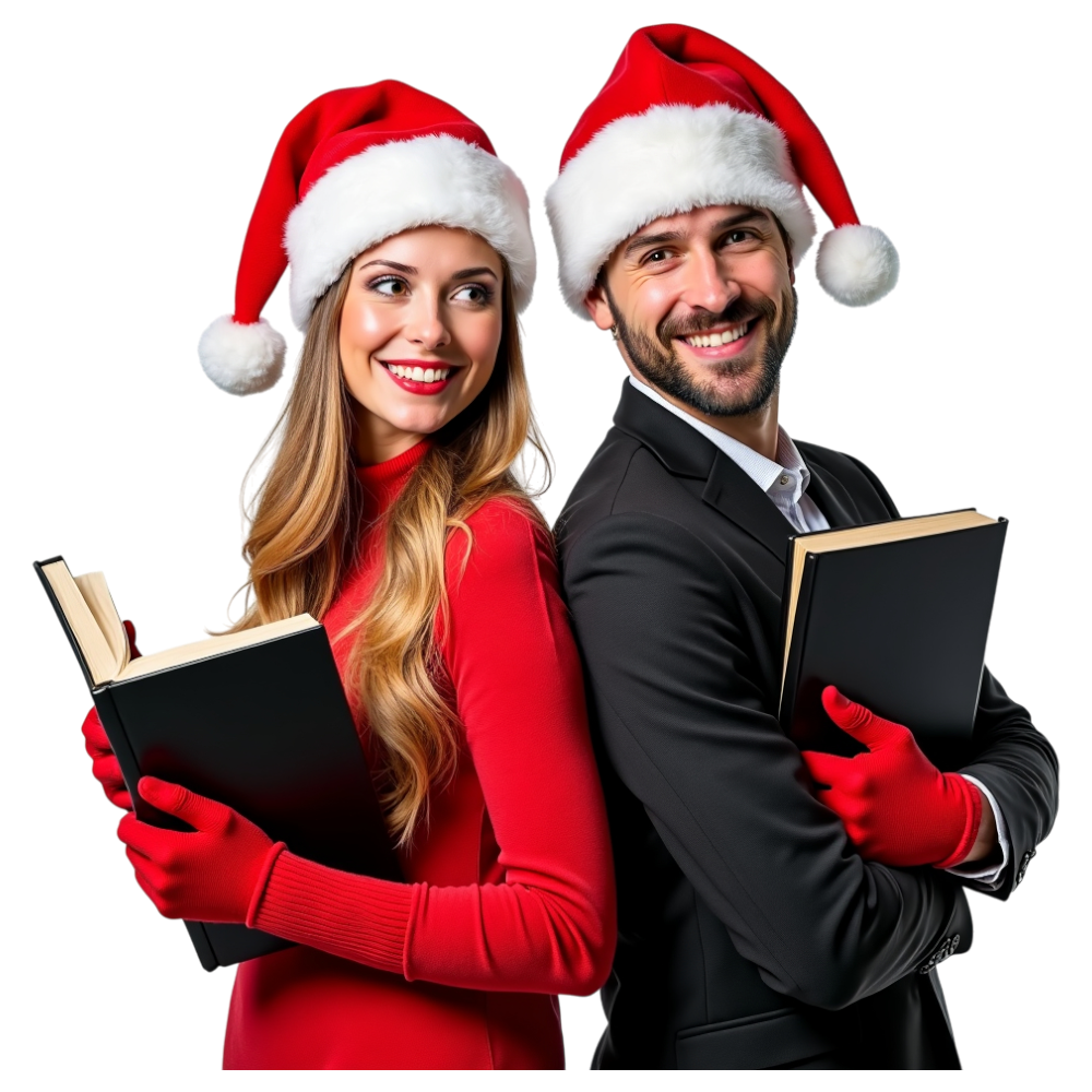 Cheerful Couple in Santa Hats Holding Books for Festive Holiday Celebrations and Seasonal Learning - Go Caroling Day 14