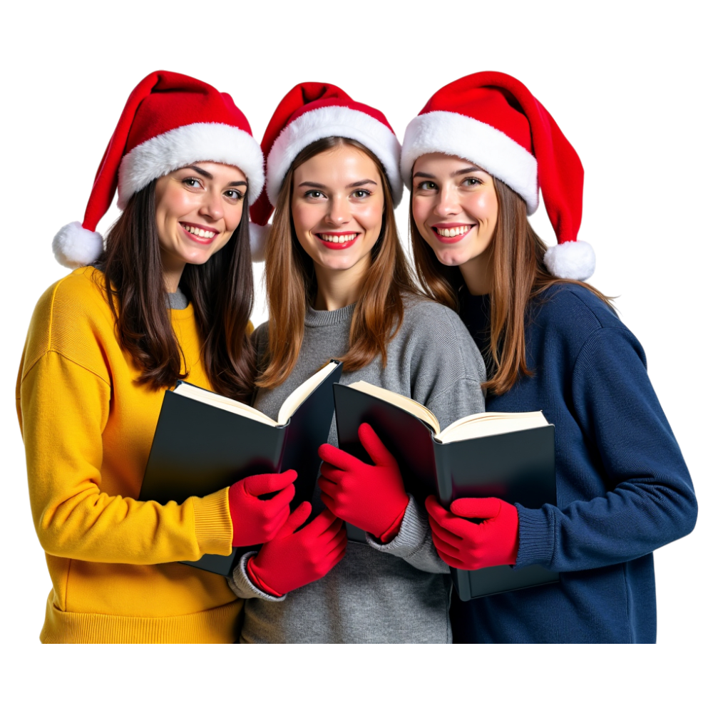 Smiling Friends in Santa Hats Singing Holiday Songs - Go Caroling Day 19