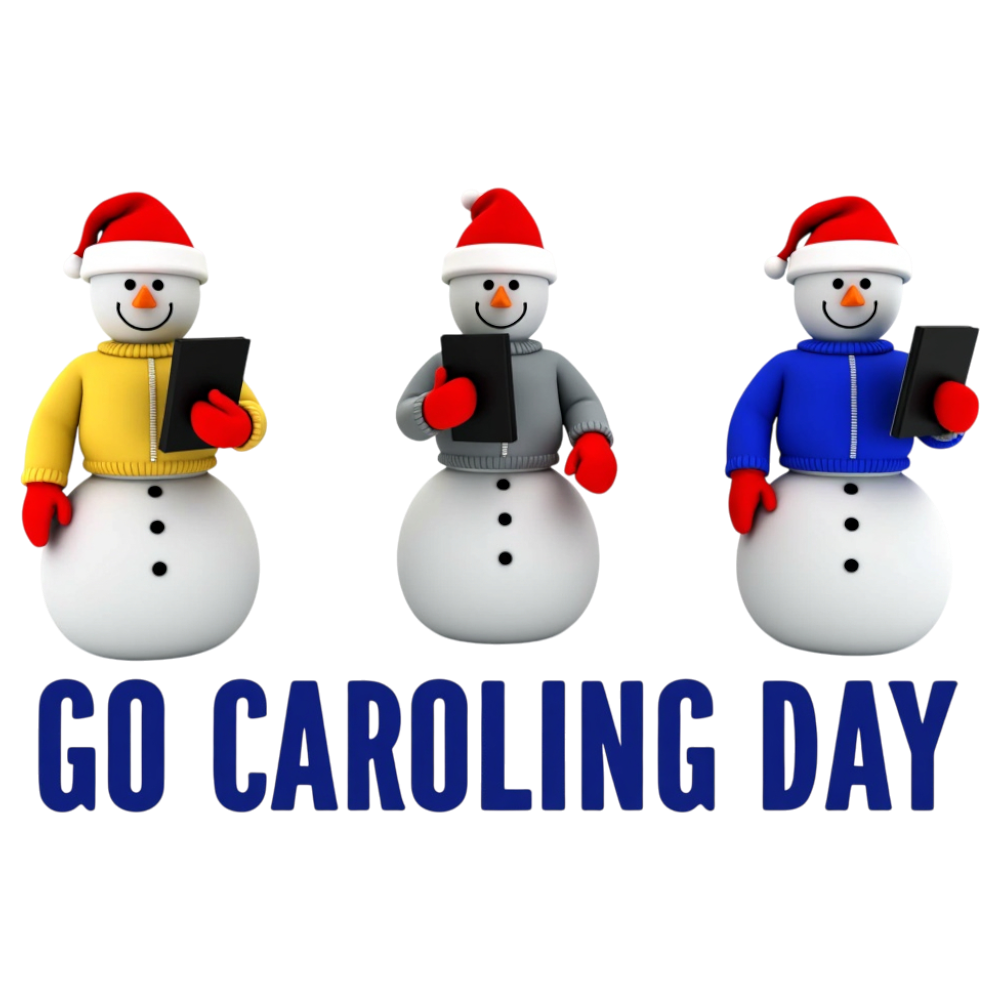 Go Caroling Day celebration with three cheerful snowmen wearing Santa hats and holding songbooks. - Go Caroling Day 21
