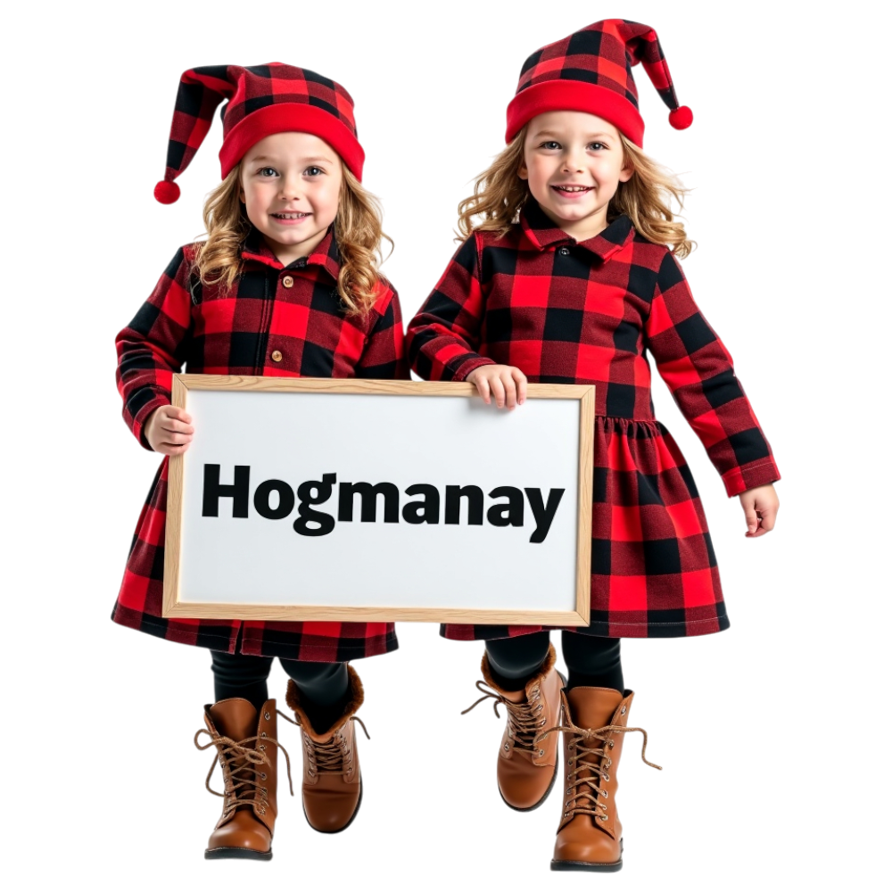 Hogmanay Celebration: Cheerful Young Girls in Festive Plaid Outfits Holding Sign - Hogmanay 32