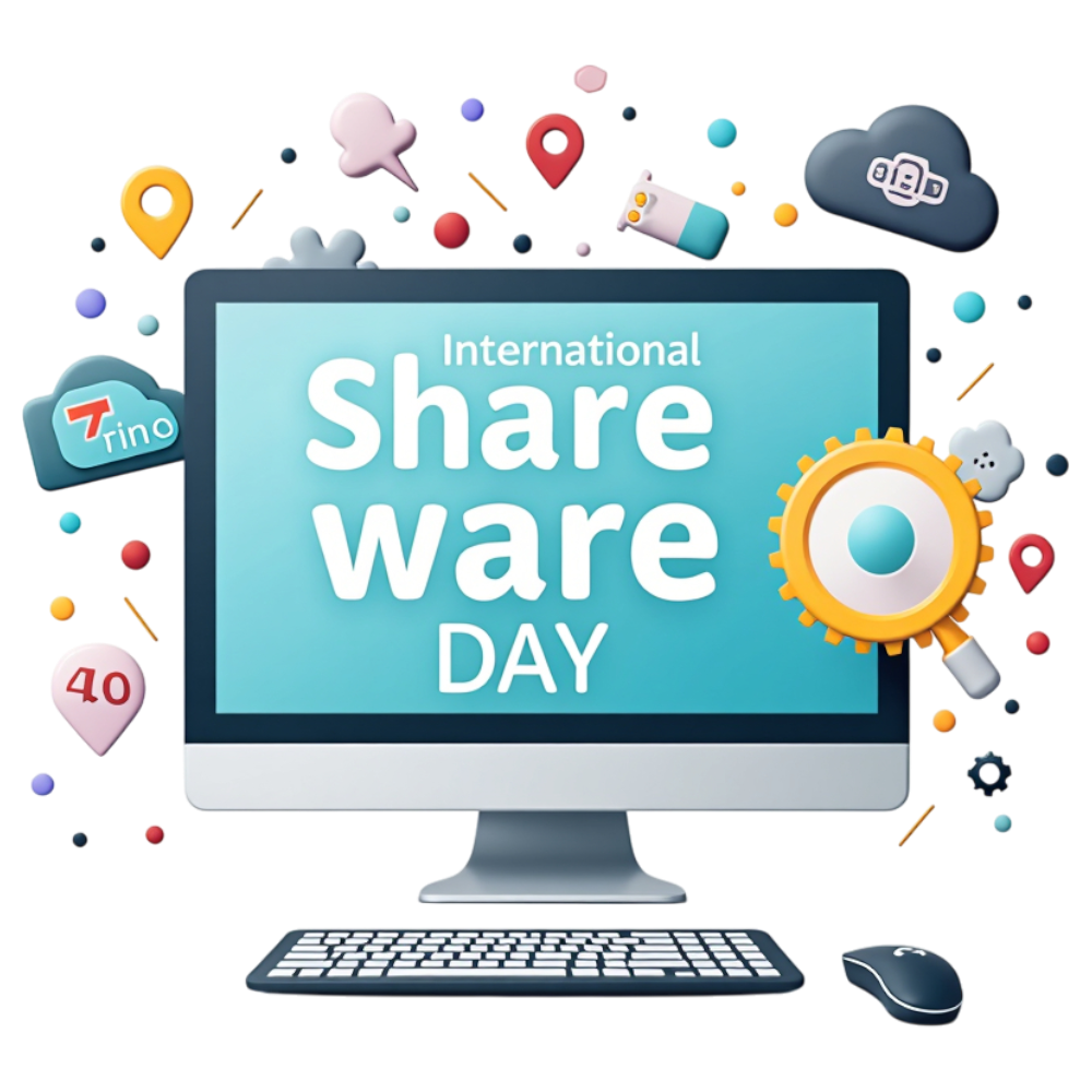 International ShareWare Day concept on computer screen with surrounding tech icons - International Shareware Day 3