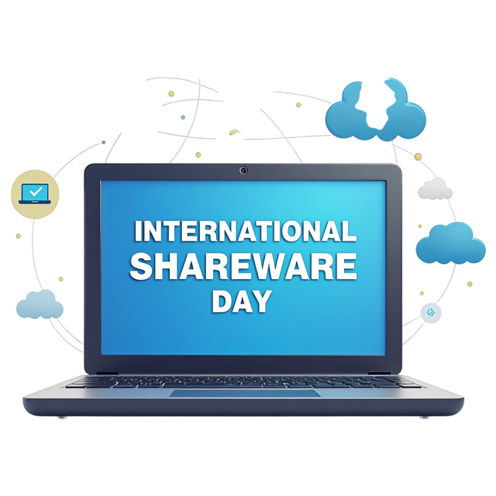 Shareware Day on Laptop Screen, Cloud Computing Network & Software Icons - International Shareware Day 9