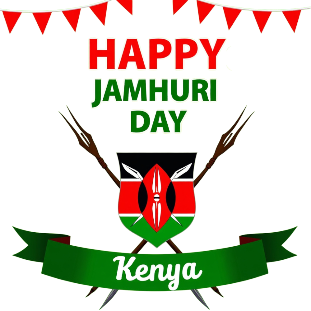 Happy Jamhuri Day Kenya Celebration Banner with National Emblem, Spears & Bunting Flags - Jamhuri Day 4