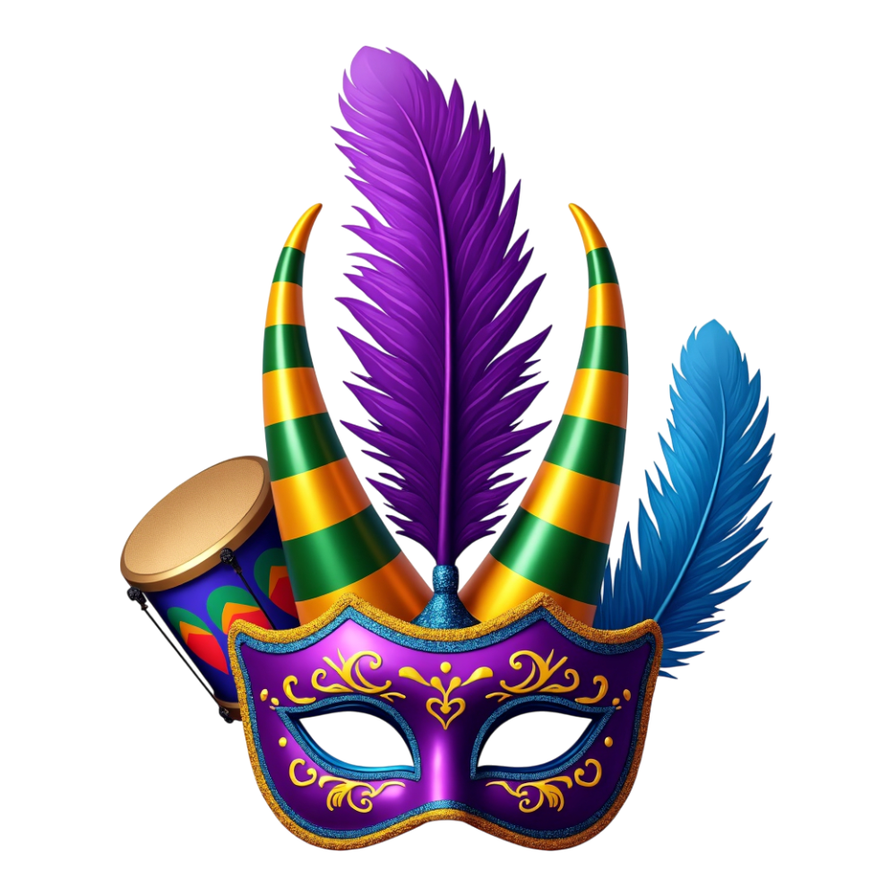 Festive Mardi Gras Mask with Feathers and Party Drum - Junkanoo 1