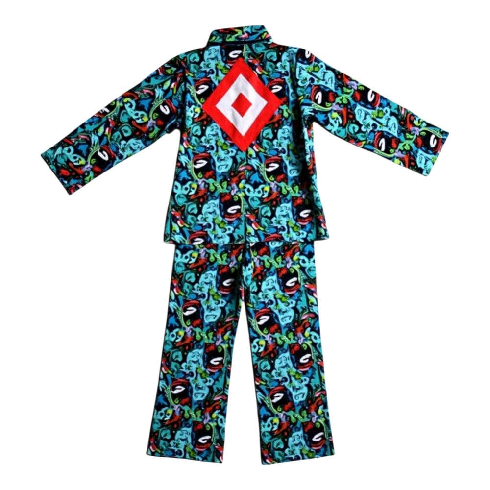 Vibrant Cartoon Print Sleepwear Set with Red Diamond Emblem, Playful Teal and Red Design - Junkanoo 10