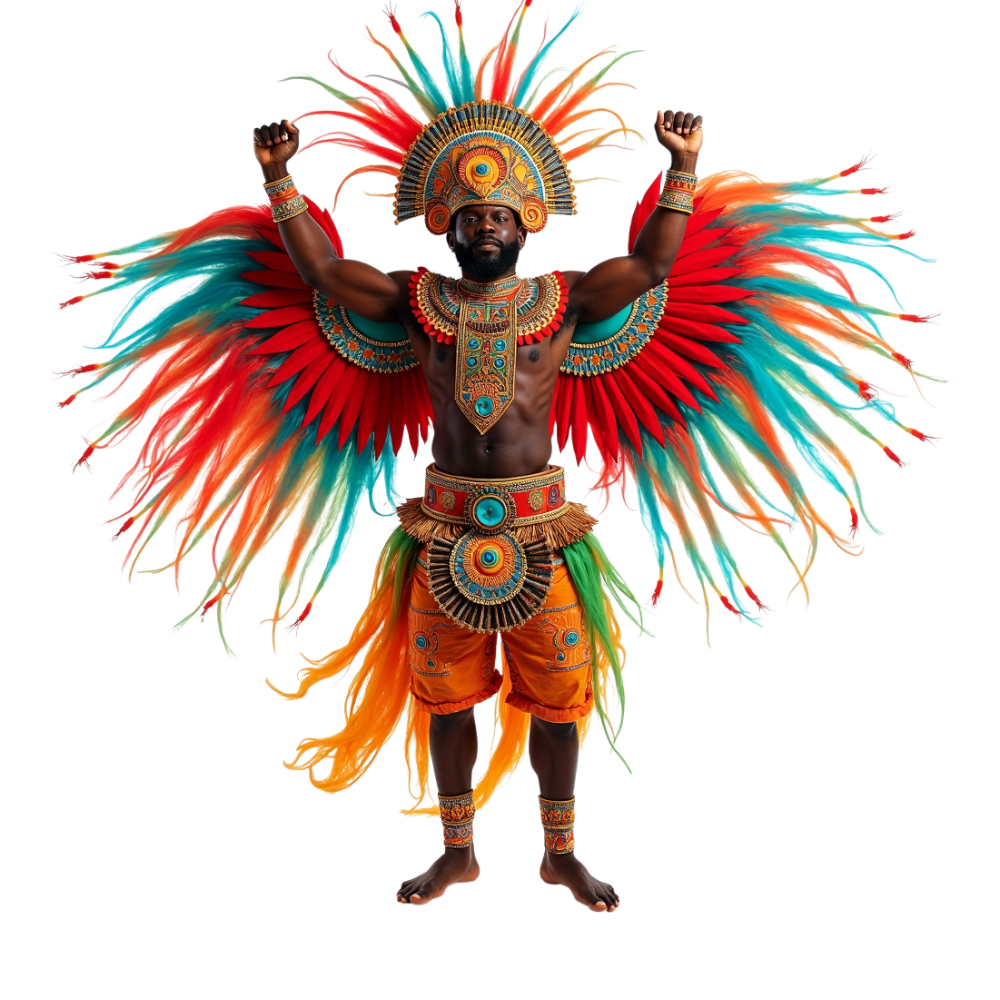 Vibrant Carnival Celebration: Man in Colorful Feathered Costume & Headdress - Junkanoo 19