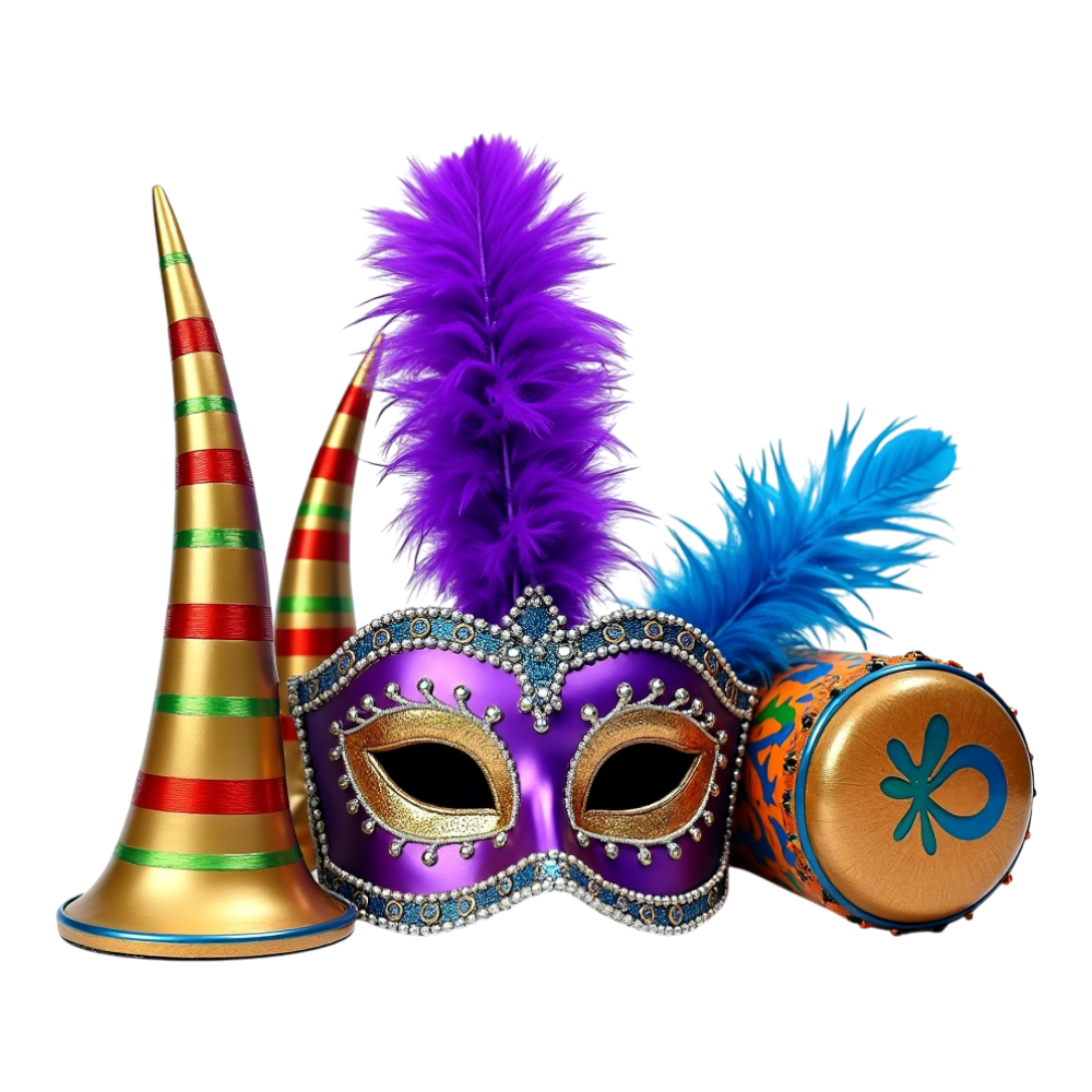 Vibrant Carnival Celebration Elements: Masquerade Mask, Party Horns, and Decorated Drum - Junkanoo 2