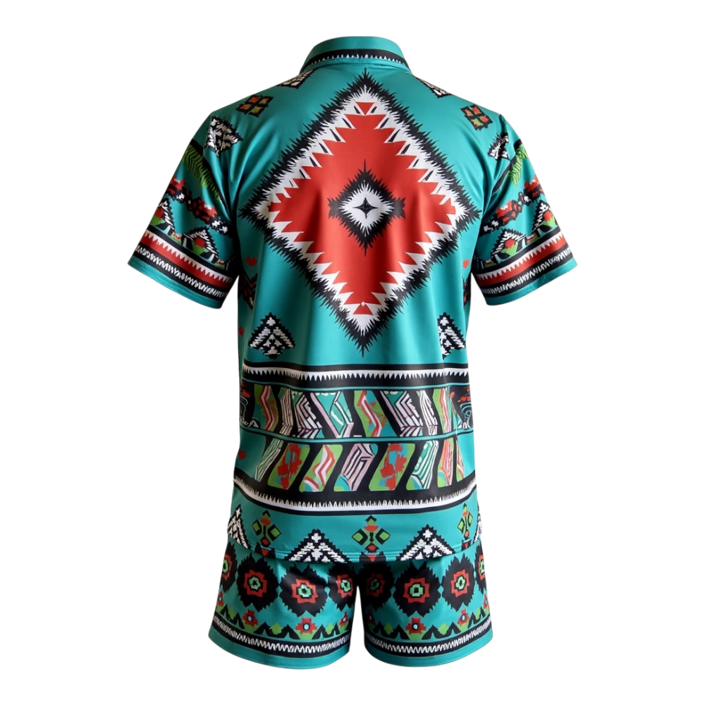 Vibrant Teal Geometric Print Shirt and Shorts Co-ord Set with Ethnic Pattern Design, Back View - Junkanoo 20