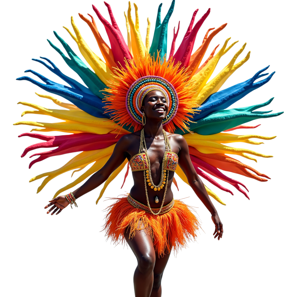 Joyful Carnival Performer in Vibrant Festive Costume and Elaborate Headpiece - Junkanoo 23